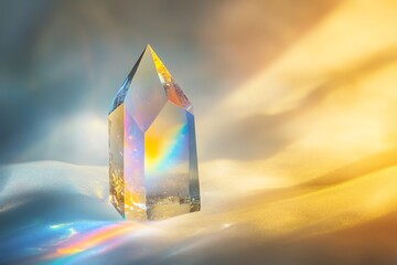 a radiant crystal prism emits colorful light on a soft background, creating a magical and ethereal a