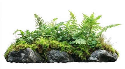 A cluster of ferns and moss growing on a rock.