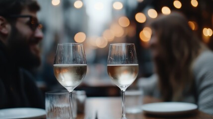 Two wine glasses filled with white wine are set on a table in an outdoor dining environment, suggesting a romantic or social occasion in a vibrant street scene.