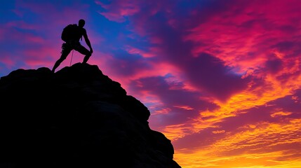 Wall Mural - A silhouette of a climber on a mountain top, with a vibrant sunset sky in the background.