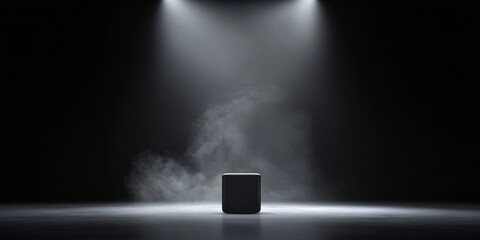 dramatic scene featuring black cube illuminated by two spotlight beams in dark environment, creating atmospheric effect with smoke. contrast enhances cubes presence, evoking sense of mystery and