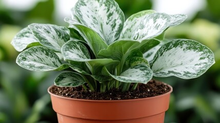 A green plant with white variegated leaves is potted in a terracotta pot, showcased indoors. The plant's lush leaves are detailed and vibrant within the nurturing pot.