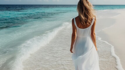 A captivating shot featuring the back view of a woman wearing a white dress, as she walks along a sandy beach with the turquoise ocean in the background under clear skies.