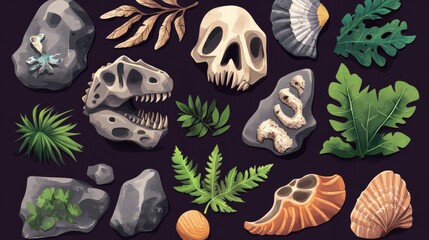 Sticker - A collection of fossils, shells, and leaves on a dark background.