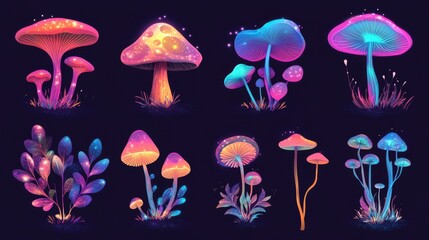 Sticker - A collection of glowing neon mushrooms with sparkles.