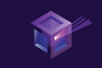 Poster - Abstract 3D cube with purple gradient and glowing light effect on a dark background.