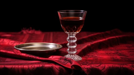 Wall Mural - A Glass of Wine on a Red Tablecloth