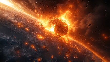 Wall Mural - a fiery asteroid collides with a planet, creating a massive explosion and widespread destruction.