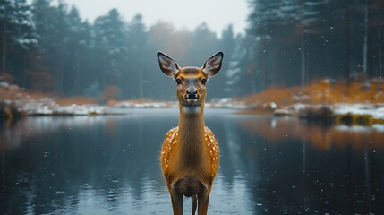 Wall Mural - A young deer stands in a river with snow falling around it, looking at the camera.