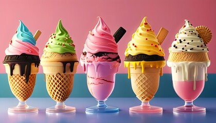 Wall Mural - Colorful ice cream delights with various flavors, cookies, and toppings in a vintage parlor setting