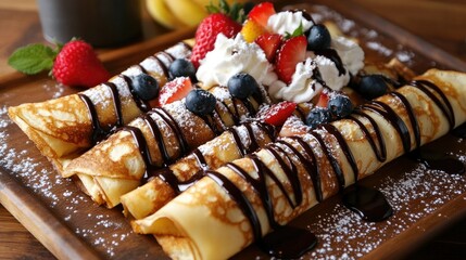 Wall Mural - Delicious rolled crepes on a platter with chocolate sauce, powdered sugar, whipped cream, and fresh fruit garnishes.