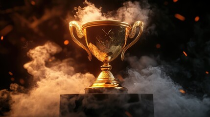 Wall Mural - Glistening golden trophy cup on a dark podium, white smoke swirling around, representing the ultimate victory