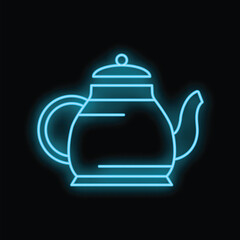 Wall Mural - Blue neon sign in the shape of a teapot, glowing on a black background