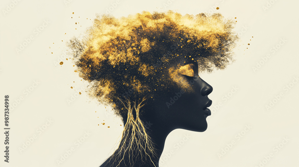 imagine a black woman transforming into a tree, golden skin shining ...
