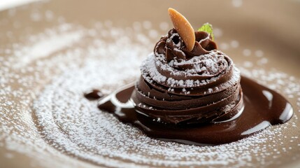 Wall Mural - Gourmet chocolate dessert with swirls of chocolate sauce and powdered sugar, elegantly presented