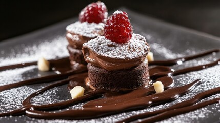 Wall Mural - Gourmet chocolate dessert with swirls of chocolate sauce and powdered sugar, elegantly presented