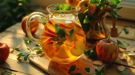 Autumnal Apple Cider Tea in Rustic Mason Jar Setting with Natural Foliage