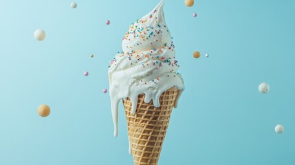 Wall Mural - Ice cream cone melting slowly, with creamy drips and sprinkles on a light blue backdrop