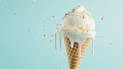 Ice cream cone melting slowly, with creamy drips and sprinkles on a light blue backdrop