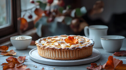 Delicious autumn pie decorated with leaves, surrounded by warm cups and a cozy atmosphere, perfect for seasonal gatherings.