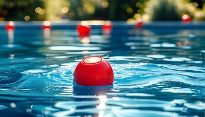 Vibrant red float drifting in serene blue swimming pool water, capturing the essence of a joyful summer day