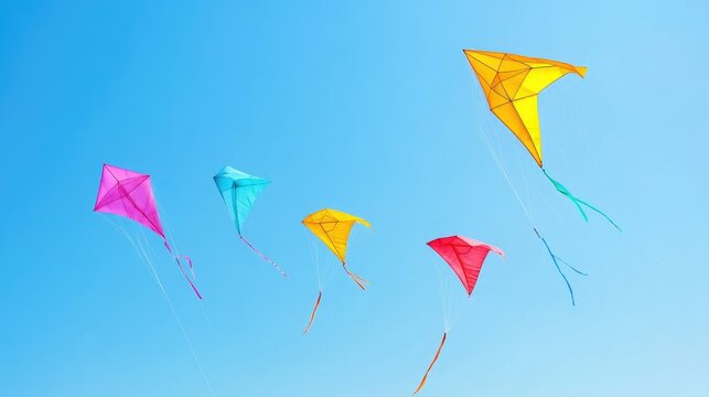 Multiple kites in various shapes and colors flying high in a clear blue sky, representing joy and freedom