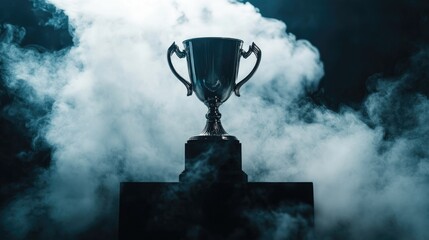 Wall Mural - Shiny trophy cup symbolizing first place champion, on a podium with white smoke and a dark background