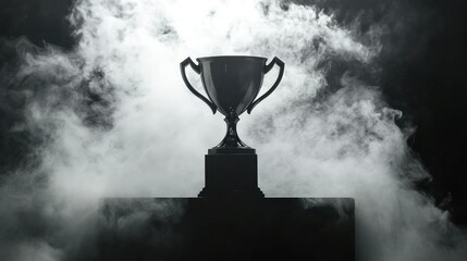 Wall Mural - Shiny trophy cup symbolizing first place champion, on a podium with white smoke and a dark background