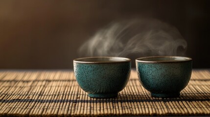 Wall Mural - Two steaming tea cups placed neatly on a bamboo mat, creating a serene, minimalist ambiance.