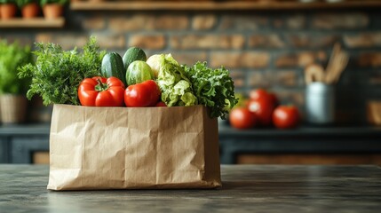 Paper bag filled with vegetables on kitchen table, blurred background of vegetable market or store, healthy food grocery bag from supermarket, space for text
