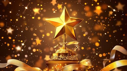 Wall Mural - Vector image of a golden star trophy on a decorated podium, with ribbons and bokeh light sparkles