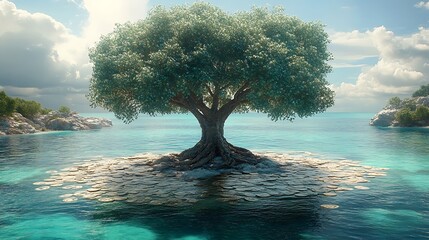 Wall Mural - a lone tree stands on a small island in a turquoise sea, with a bright blue sky and fluffy clouds.