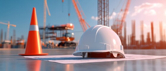 A construction site with a white hard hat and a roll of paper on the ground.