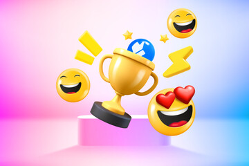 Aufkleber - Vivid room with shiny golden cup and social media icons. 3d style vector illustration