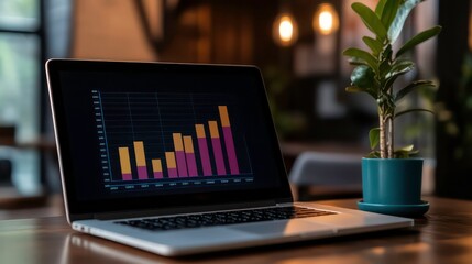 Laptop showing bar graph with yellow and pink bars on a dark screen, on a wooden desk with a plant pot in the background.