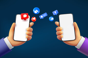 Aufkleber - Receive social media content  with two smartphones. 3d vector illustration