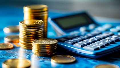 Financial planning and savings strategy with a calculator and coins on a blue table representing economy and money management