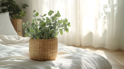 Wall Mural - A cozy interior with a woven basket planter of eucalyptus, soft bedding, and boho chic decor, highlighted by natural light and warm hygge atmosphere.