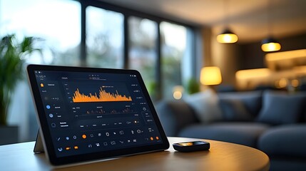 Smart thermostat and energy management system displayed on a tablet, monitoring a home energy consumption