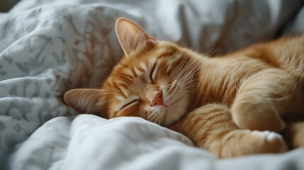 A cute orange cat sleeping on the bed, close-up of its face, eyes closed and smiling expression