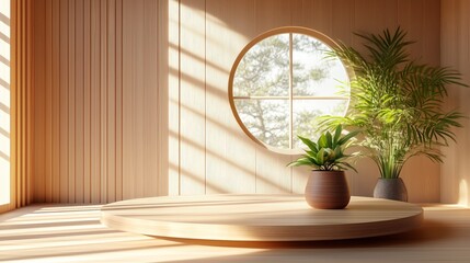 Poster - A wooden podium with a small round window and plants on it, creating an atmosphere of tranquility in the Japanese-style interior design