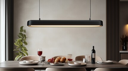 Sticker - black long linear LED pendant light, hanging above dining table with wine and food on it, neutral tones, beige walls in the background