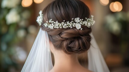 bride with dark hair in an updo hairstyle wearing a white flower tiara and veil, shot from behind