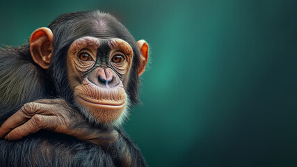 A close-up portrait of a chimp resting, showcasing its expressive face and expressive eyes in a serene environment during daylight