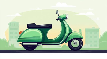 Canvas Print - A green scooter parked in front of a city skyline.