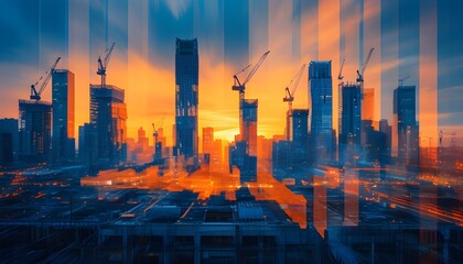 Poster - Vibrant Urban Construction in Double Exposure Showcasing Workers and Cranes, Merging Blue and Orange Hues to Illustrate Progress and Motion at Dawn