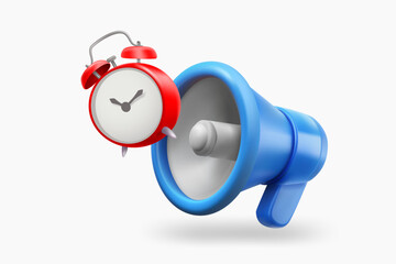 Poster - loudspeaker with the clock. Time management concept. 3d vector illustration