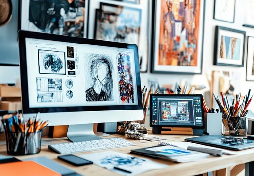 A creative workspace with digital art tools and sketches.