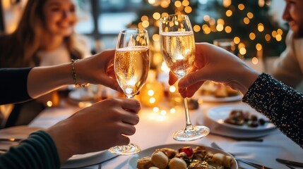 A family sitting around the dinner table, toasting with sparkling drinks during Christmas dinner