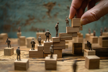 A hand placing wooden blocks to create steps, while small figures of people appear to be walking upward, symbolizing growth, progress, or development